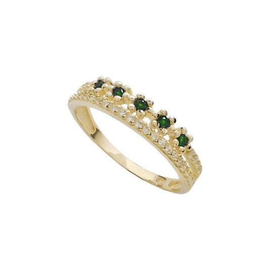 Χρυσό δαχτυλίδι σειρέ με λευκές και πράσινες πέτρες.