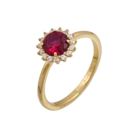 Χρυσό δαχτυλίδι ροζέτα με κόκκινη πέτρα.