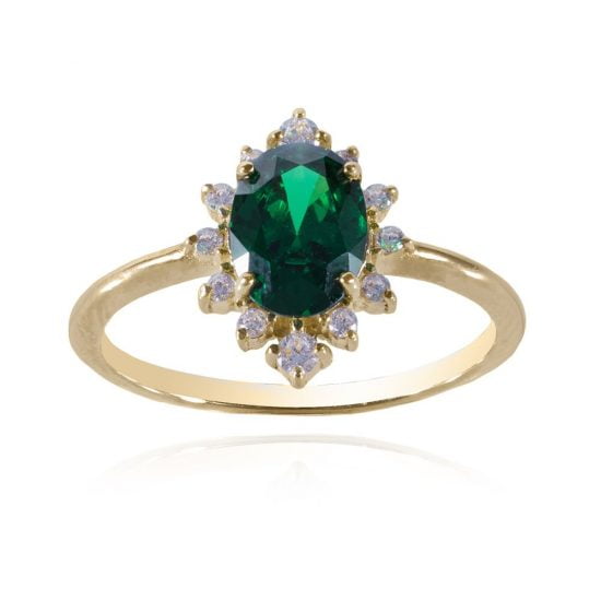 Χρυσό μονόπετρο δαχτυλίδι με οβάλ πράσινη πέτρα.