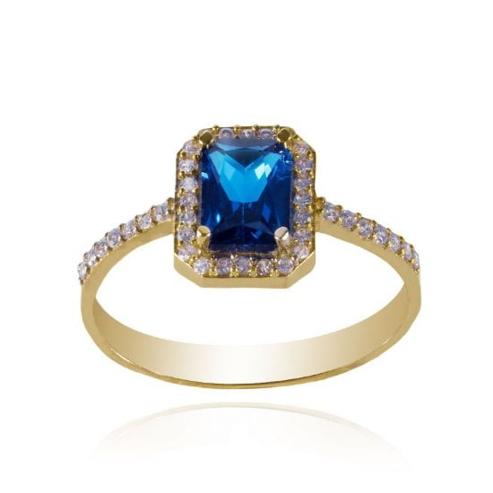 Χρυσό δαχτυλίδι ροζέτα με μπλε πέτρα.