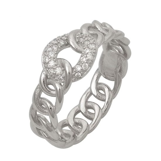 Ασημένιο δαχτυλίδι σε σχήμα αλυσίδας με λευκά ζιργκόν.