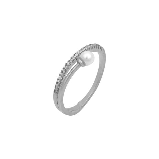 Ασημένιο δαχτυλίδι με μαργαριτάρι και λευκές πέτρες ζιργκόν