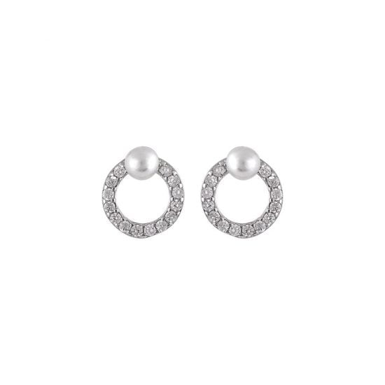 Ασημένια σκουλαρίκια κύκλου με μαργαριτάρι και λευκές πέτρες ζιργκόν