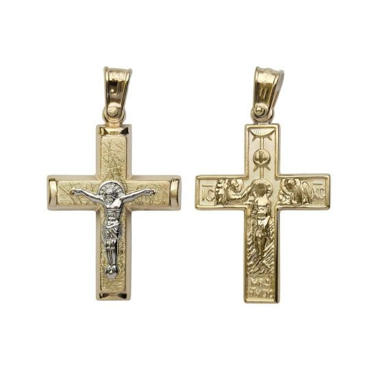 Ανδρικός χρυσός σταυρός διπλής όψης με τον εσταυρωμένο και τη βάπτιση στην πίσω πλευρά.
